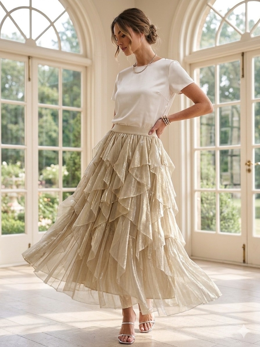 Chelsea & Violet Champagne Layered Ruffle Maxi Skirt